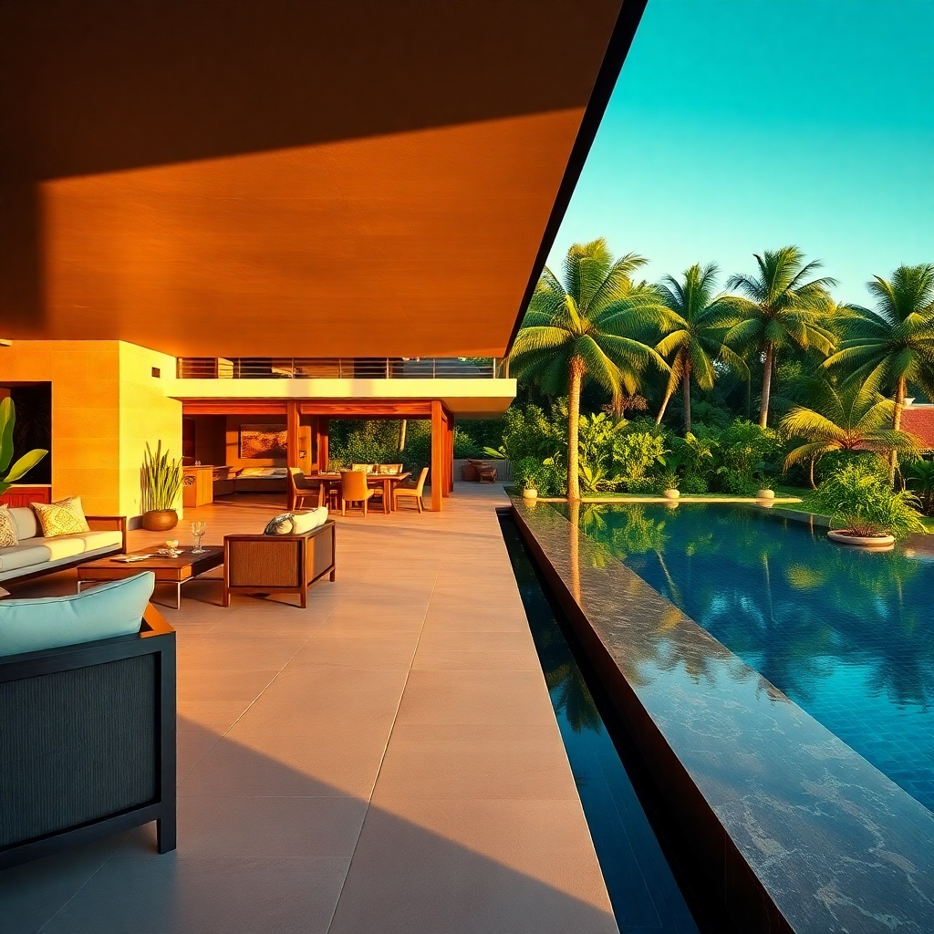 A photorealistic, ultra-detailed image of a luxurious private pool villa in Pattaya, Thailand, rendered in 8K resolution.  The villa features a spacious outdoor living area with a private infinity pool overlooking a lush tropical garden.  Dramatic side lighting from the late afternoon sun casts long shadows, enhancing the sense of depth and luxury. The color palette is rich and warm, featuring earthy tones of brown, green, and gold.  The camera angle is slightly elevated, showcasing the villa's architecture and the surrounding landscape.  Texture details include smooth, cool stone, the soft texture of lush tropical plants, and the glistening surface of the water.  The background includes lush greenery, palm trees, and a clear blue sky.  The pool's water should be crystal clear and inviting. The villa is decorated with high-end furniture and features subtle Asian-inspired design elements.  The overall mood is sophisticated and relaxing, emphasizing privacy and luxury. Style references should include works by renowned architectural photographers like  Eric Laignel.  The image should be hyperrealistic, capturing every detail with extreme clarity.