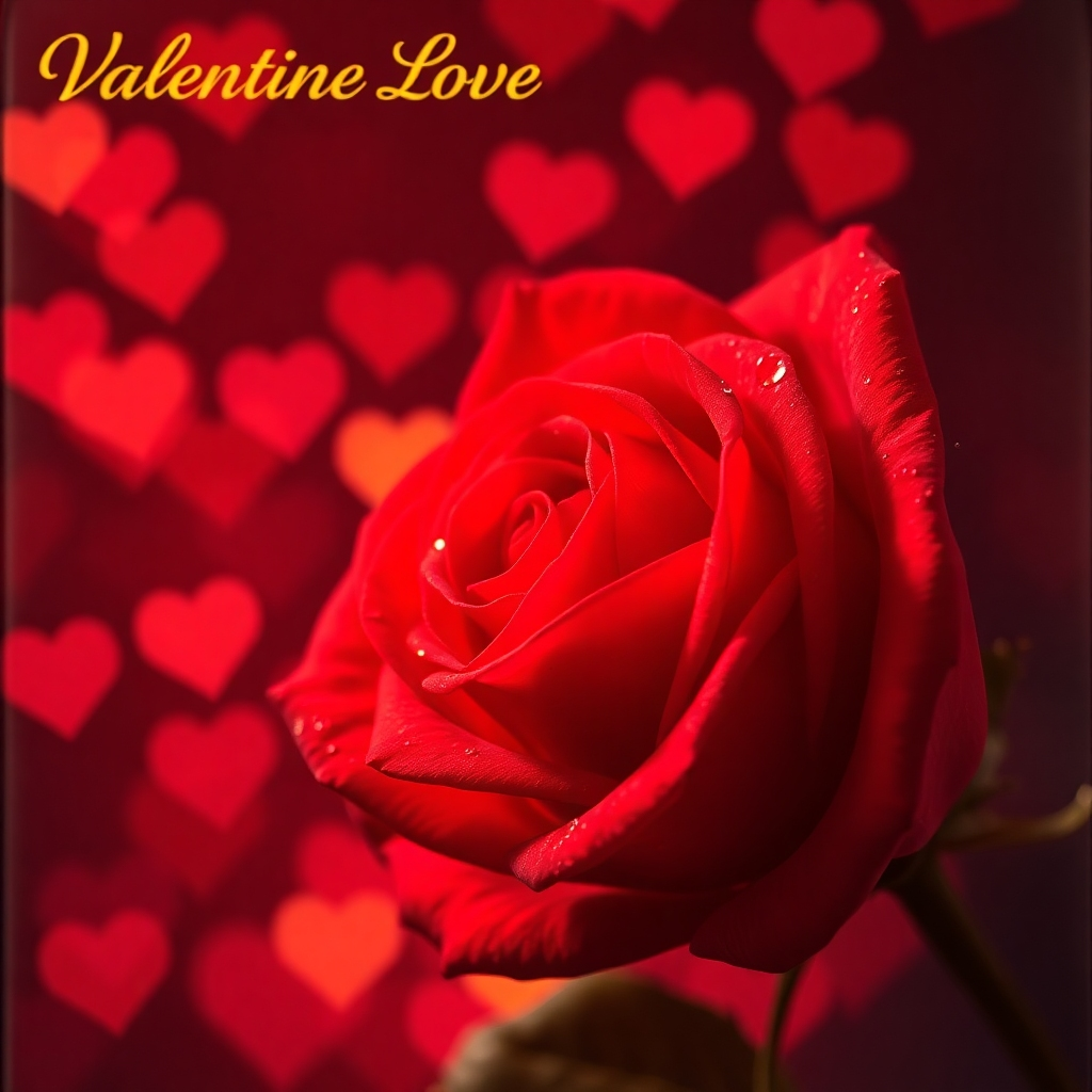 A photorealistic, ultra-high definition (8K) image of a vinyl record album cover. The cover features a close-up of a single red rose with dew drops, illuminated by soft, diffused lighting. The background is a bokeh effect of out-of-focus hearts and romantic cityscape lights, creating a warm, inviting mood. The color palette is predominantly red and deep rose, with subtle gold accents. The camera angle is a slight overhead shot, emphasizing the rose's details. The texture should show the soft petals of the rose and the smooth, glossy surface of the vinyl. The overall style should evoke a classic romantic feel, reminiscent of vintage album art from the 1960s, with a contemporary touch. The album title "Valentine Love Songs 2025" should be subtly embossed in gold lettering on the top left corner. The image should be highly detailed, showcasing the individual petals of the rose, the glistening dew drops, and the depth of color and texture. The lighting should be natural and soft, enhancing the romantic ambiance and creating a sense of intimacy and warmth.