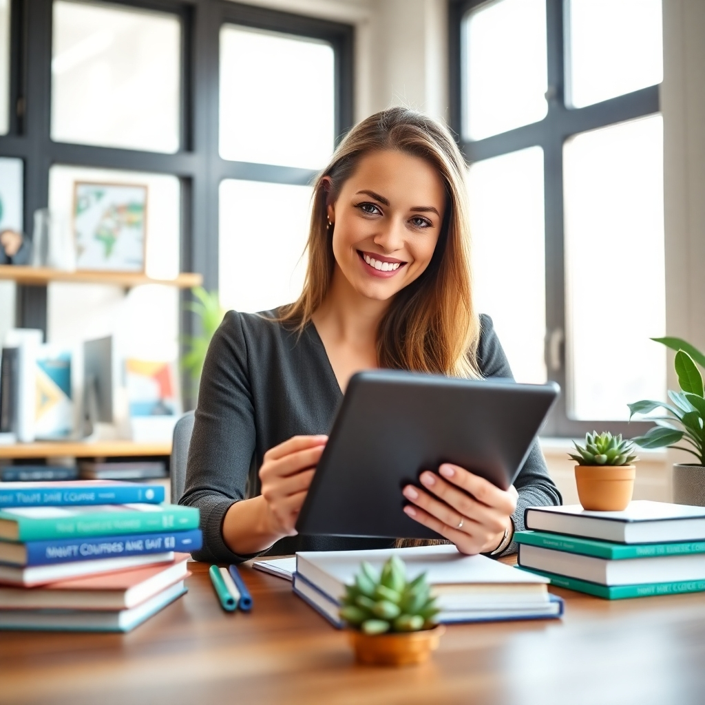 A photorealistic, ultra-high-definition image (8K) depicting a confident female infopreneur in her home office. She's smiling warmly, using a high-end tablet and surrounded by physical and digital copies of her successful online courses. The office features natural light streaming through large windows, giving a bright and airy feel. The color palette is bright and clean, incorporating pastel shades of blue and green to represent trust and knowledge. Camera angle: slightly low, emphasizing her success. The textures should be rich: the soft texture of the tablet, the smooth surfaces of the books, the wooden desk. Props include a variety of books, a well-organized desk, a succulent plant. The style should emulate the work of Peter Lindbergh; aim for a clean and elegant mood. Environmental elements include a modern, minimalist home office with natural light. Background details should hint at success and credibility. The overall mood should be calm, confident, and inspiring.   The focus is on showcasing the feeling of accomplishment and financial freedom.