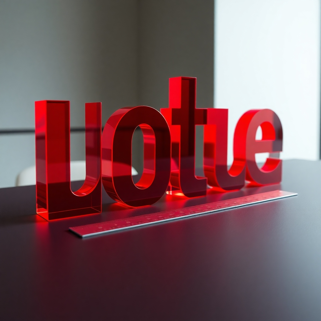 A photorealistic, ultra-high definition image (8K resolution) depicting a set of meticulously cut acrylic letters forming the word 'เก้ากล้า' on a sleek, modern, dark grey table.  The letters are a vibrant, translucent crimson red, showcasing internal light diffusion. Soft, diffused lighting illuminates the scene, highlighting the sharp edges and clean cuts of each letter, with subtle reflections capturing the acrylic's glossy texture. The background is a softly blurred, out-of-focus studio setting with a minimalist aesthetic. The camera angle is slightly elevated, offering a three-quarter perspective. The overall mood is sophisticated, elegant, and professional, showcasing the precision and quality of the laser cutting.  The image should be styled in a manner reminiscent of high-end product photography, focusing on detail and clarity. The scene includes a small, elegant metal ruler next to the letters for scale and to emphasize precision.