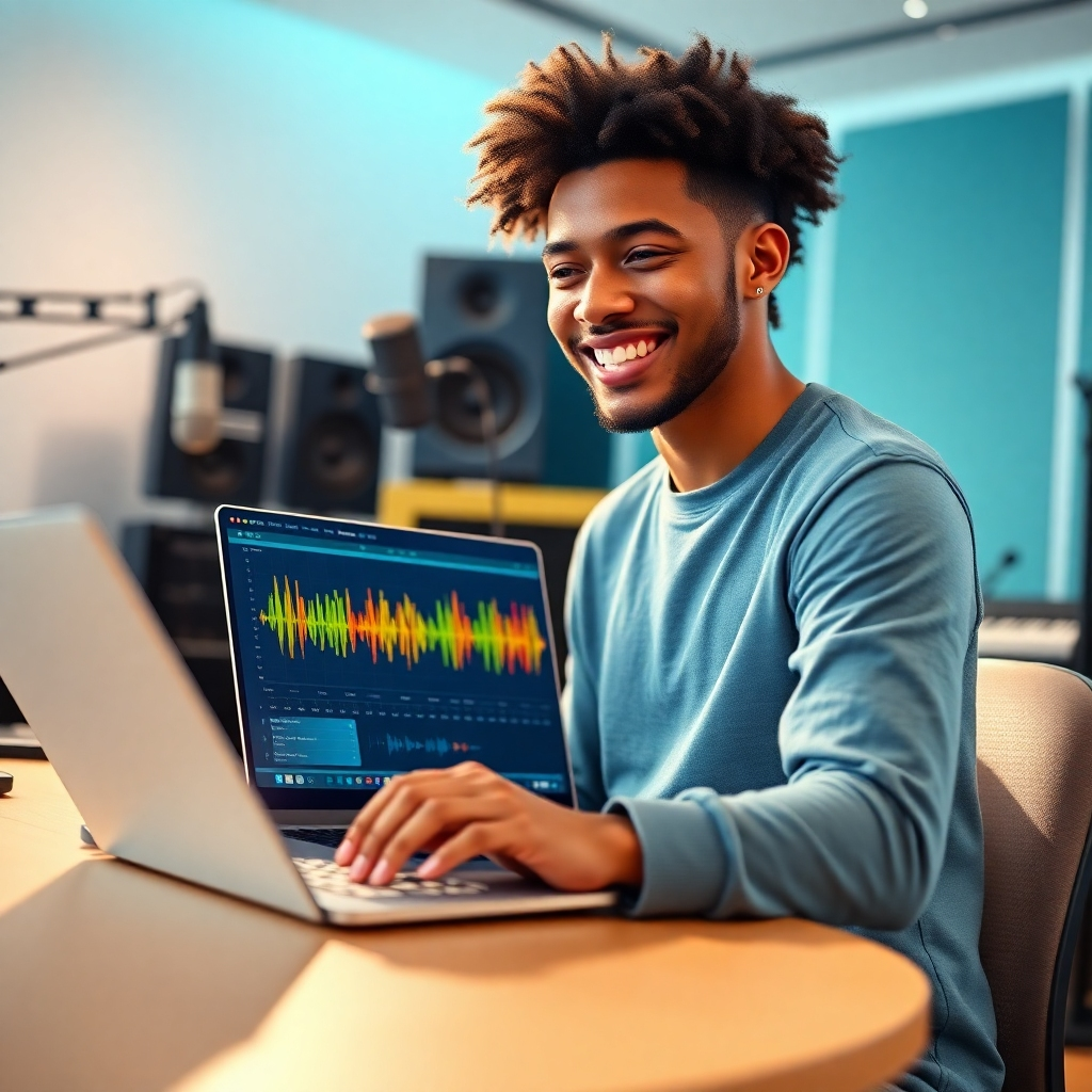 A photorealistic, ultra-high definition image (8K resolution) depicting a young, enthusiastic musician smiling while using a powerful AI music generation software on a sleek, modern laptop. The scene is set in a bright, modern music studio bathed in soft, diffused lighting. The color palette is vibrant and energetic, featuring cool blues and greens combined with warm yellows and oranges. The camera angle is slightly elevated, creating a dynamic perspective. The laptop screen showcases an interface with colorful waveforms and musical notations. Detailed textures are visible on the laptop's aluminum body and the musician's clothing. The background features professional recording equipment, including microphones and mixing boards, subtly blurred to keep the focus on the musician and the laptop. The overall mood is positive, optimistic and creative, inspired by the style of Annie Leibovitz's portrait photography.  The image should convey a sense of ease, excitement, and technological empowerment.