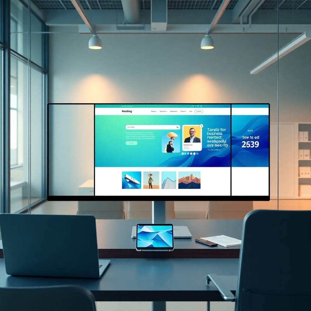 A photorealistic, ultra-high quality 8K resolution image depicting a hyperrealistic scene of a modern, sleek website design interface seamlessly merging with a real-world business setting.  The composition should show a clean, minimalist design aesthetic with a vibrant color palette, possibly featuring rich blues, greens, and touches of gold to convey sophistication and professionalism.  The lighting should be bright and natural, highlighting the key design elements of the website and the real-world elements. The camera angle should be slightly elevated, offering a panoramic view that showcases the seamless integration between the digital and physical aspects of the business.  The texture details should be impeccable, with sharp focus on both the website interface and the surrounding physical environment, such as a modern office space or a trendy product display.  The environment should be clean, organized and stylish, further emphasizing the professionalism of the business and the effectiveness of their website.  The subject matter should focus on the website itself as the primary element, with the real-world setting used as a complementary backdrop; for example, the website interface is displayed on a large monitor within a modern business office, and the office's design reflects its efficiency and success. Include relevant props such as modern laptops, tablets, smartphones, and business documents subtly arranged around the monitor to enhance the overall aesthetic and provide visual context. Consider incorporating elements that subtly represent successful marketing and sales, such as graphs or charts representing sales growth, to reinforce the website’s purpose. Style references could include the works of renowned photographers known for their minimalist and professional style. The overall impression must be one of modern technology meeting successful business practices, showcasing the power of well-designed webpages to boost sales and promote growth.
