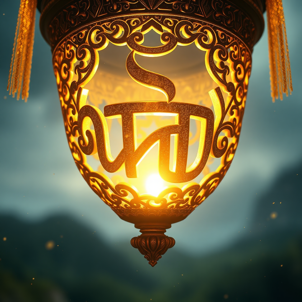 A photorealistic, ultra-high-quality 8K image depicting the essence of "อักขระมันตรา". The scene should feature ancient Thai script characters glowing with golden light, intricately woven together as if forming a sacred vessel. Soft, ethereal light emanates from within the vessel, symbolizing the power of faith and devotion. The background should be a blurred, dreamlike landscape suggesting a spiritual realm. Consider a low-angle shot to emphasize the grandeur and power of the "อักขระมันตรา". Add subtle dust particles floating in the air to enhance the mystical atmosphere. Style reference: blend the realism of Greg Rutkowski with the spiritual artistry of Thai temple murals. Use hyperrealistic rendering to capture every detail of the script and the ethereal light. Camera: Hasselblad. Lighting: volumetric, golden, and ethereal. Color Palette: Deep blues, rich golds, and soft whites.