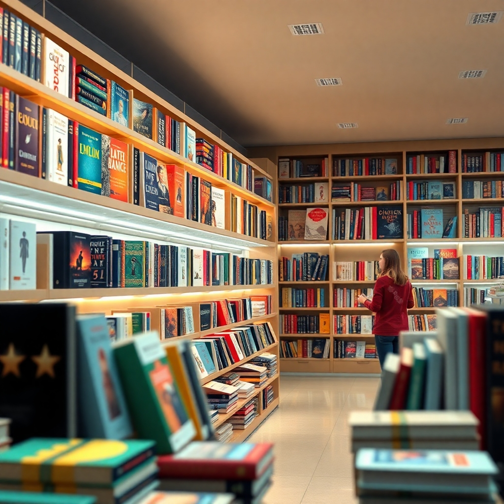 A photorealistic, ultra-high quality 8K resolution image depicting a bustling online bookstore. The scene should be hyperrealistic, with detailed textures and lighting.  The composition should showcase a diverse collection of books, neatly arranged on virtual shelves within a clean, modern website interface.  Soft, warm lighting should illuminate the books, highlighting their covers and titles.  The color palette should be vibrant yet sophisticated, emphasizing rich jewel tones for the book covers and a calming neutral background. The camera angle should be slightly elevated, providing a comprehensive view of the website interface and the books displayed.  The overall style should reference high-end e-commerce platforms and modern bookstore designs, conveying professionalism and sophistication.  Include subtle details such as reflections on the book covers and a user interacting with the website, perhaps adding a book to their cart. The environment should be a clean, minimalistic digital space, free from distractions, to emphasize the website as the main focus. Relevant props include high-quality book covers, which should showcase a range of genres to convey variety and abundance.