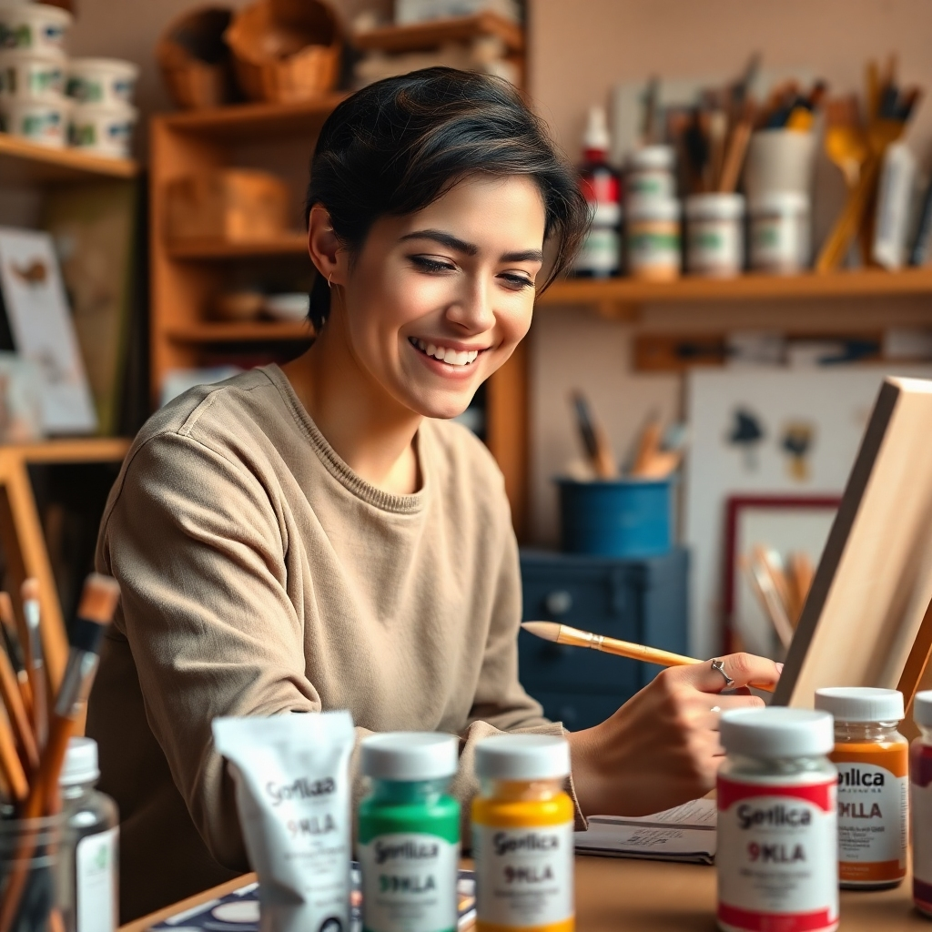 A photorealistic, ultra-high-quality 8K image depicting a satisfied customer using 9kla acrylic paints. The composition should feature a person, mid-shot, painting with a smile on their face; they should be using 9kla acrylic paints and brushes, surrounded by various art supplies. Soft, warm lighting should create a cozy and inviting atmosphere. The color palette should be warm and inviting, reflective of creativity and satisfaction. The camera angle should be slightly elevated, looking down on the customer at a comfortable distance. The background should show a neatly organized art studio or workspace, showcasing a sense of professionalism and order.   Texture and material details should be hyperrealistic; the detail of the acrylics and brushstrokes should be clear.   Style references: The work of contemporary lifestyle photographers specializing in creative workspaces. Include a 9kla logo prominently displayed on the acrylic paint tubes and jars. The image should be hyperrealistic, ultra-detailed, and evoke a sense of satisfaction and high-quality craftsmanship.
