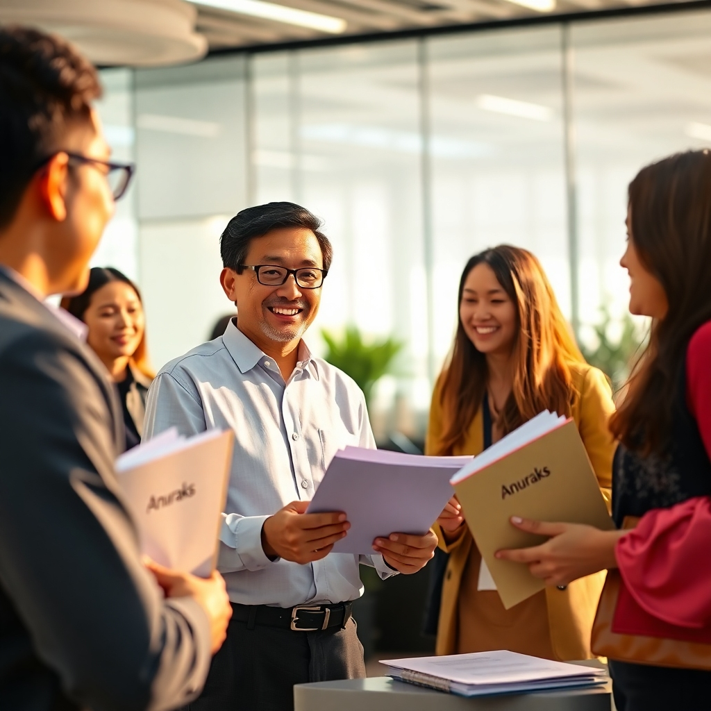 A photorealistic, ultra-high quality 8K image depicting a diverse group of foreign workers happily collaborating in a modern office environment in Thailand. In the foreground, a Thai administrator is assisting a foreign worker with document preparation, smiling warmly. Documents are neatly organized in files bearing the Anuraks logo. The lighting is bright and professional, casting a warm glow on the scene. The color palette consists of vibrant but natural tones, emphasizing collaboration and trust. The camera angle is a medium shot, capturing the interaction between the individuals and the professional setting. The texture details of the clothing, documents, and office furniture should be hyperrealistic. Style reference: Corporate stock photo meets documentary photography. The overall impression should be one of efficiency, trust, and cultural harmony.