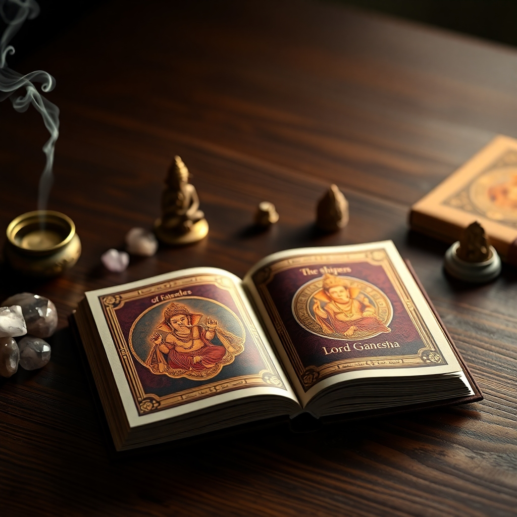 A photorealistic, ultra-high quality 8K resolution image depicting a  header for a website selling an oracle card guidebook. The main focus is on a beautifully bound copy of  "คู่มืออ่านไพ่ออราเคิล:The Whispers of Lord Ganesha" in Thai, lying open to reveal intricate, richly colored oracle cards featuring Lord Ganesha imagery. The book should be positioned slightly off-center, with a soft, warm light illuminating it from the upper left.  The overall color palette should be rich and earthy, with gold accents, evoking a sense of luxury, wisdom and spirituality.  The background should be a subtly textured, dark wood surface, possibly a table or desk, with a few carefully placed props: a small incense burner emitting a wisp of smoke, a few crystals, and possibly a single, delicate, intricately designed Ganesha statue. The camera angle should be slightly elevated, providing a perspective that looks down on the book, emphasizing its elegance. The image should have a shallow depth of field, focusing sharply on the book and cards while softly blurring the background. The style should be reminiscent of high-end product photography, inspired by brands like National Geographic and luxury book publishers. The overall mood should be serene, mysterious, and inviting, encouraging viewers to explore the book's contents.  The textures should be highly detailed – the paper of the book, the smooth surfaces of the crystals, and the carved details of the Ganesha statue should be clearly visible.  The lighting should be soft and diffused, avoiding harsh shadows. The image should convey a sense of quality and sophistication. , ultra high resolution, photorealistic, 8K, hyperdetailed, cinematic lighting