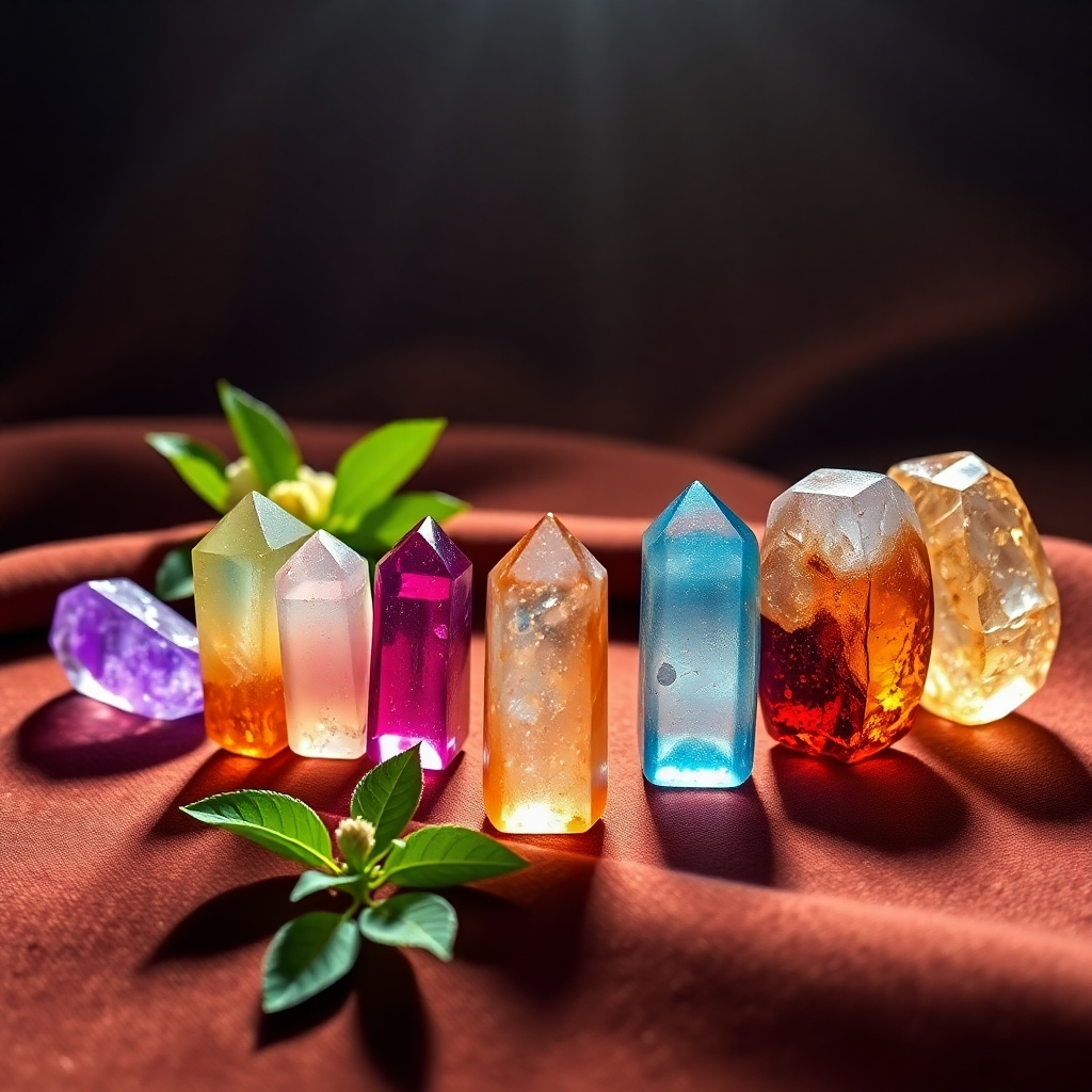 A photorealistic, ultra-high quality 8K resolution image depicting a luxurious and serene scene showcasing a variety of exquisite crystals.  The main focus should be on seven meticulously arranged crystal bracelets, each representing a day of the week (Sunday-Saturday) and exhibiting vibrant, jewel-toned colors.  The crystals should appear highly polished and translucent, with visible internal sparkle and texture.  Soft, natural light illuminates the scene from above, creating subtle highlights and shadows that enhance the depth and brilliance of the crystals.  The overall color palette should be warm and inviting, with earthy tones complemented by the rich hues of the crystals.  The background should feature a subtly textured, dark wood surface or a rich velvet fabric, adding to the luxurious feel.  A few carefully placed green leaves or flowers are included to add a touch of nature. The camera angle is slightly elevated, offering a slightly downward perspective to showcase the crystals in their full glory. The scene should evoke a feeling of calm, serenity, and elegance, reflecting the quality and spiritual significance of the crystals.  The style should reference high-end jewelry photography and aspirational lifestyle imagery, evoking a feeling of luxury and sophistication.  The image should be hyperrealistic, with every detail sharply defined and rendered with extreme fidelity.  The crystals should gleam with an almost ethereal glow, emphasizing their unique beauty and energy.  Post-processing should focus on enhancing the natural vibrancy of the colors and the subtle details of the textures, creating an overall image that is both visually stunning and spiritually evocative., ultra high resolution, photorealistic, 8K, hyperdetailed, cinematic lighting