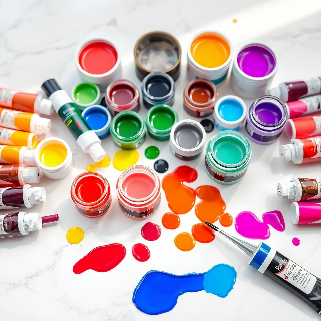 A photorealistic, ultra-high-quality 8K image depicting various acrylic paint products arranged artfully on a white marble surface. Soft, diffused lighting illuminates the scene, enhancing the glossy sheen of the acrylic paints.  The color palette should be vibrant and diverse, showcasing a wide range of colors. The camera angle is slightly elevated, providing a bird's-eye view.  The background should be a clean, minimalist white, drawing focus to the acrylic paints.  Texture and material details must be hyperrealistic, capturing the smoothness of the paint and the slight texture of the marble.  Include various sizes of paint tubes and jars, some open to reveal the paint's consistency.  The overall mood should be clean, professional, and inviting. Style references: Annie Leibovitz's product photography style.  Include a small, tasteful 9kla logo subtly incorporated in the background.  The image should be hyperrealistic, ultra-detailed, and evoke a sense of high-quality craftsmanship.