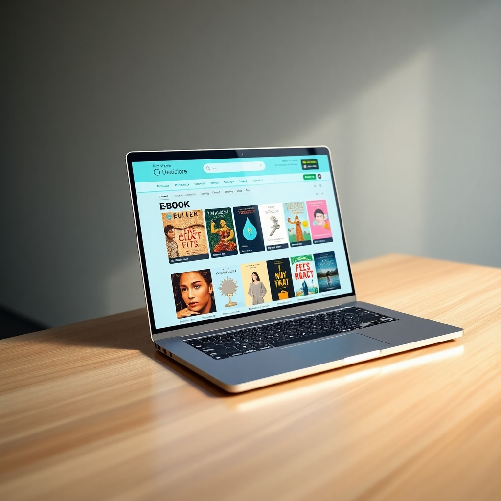 A photorealistic, ultra-high-resolution (8K) image depicting a sleek, modern e-book store website displayed on a high-end laptop screen.  The screen shows a vibrant collection of e-book covers, categorized neatly. Soft, diffused lighting illuminates the scene, casting gentle reflections on the polished laptop surface. The color palette is clean and modern, using calming blues and greens accented with pops of vibrant cover art colors. The camera angle is a slightly elevated, three-quarter view, focusing on the laptop screen.  The laptop rests on a minimalist, light oak desk, with a subtle texture visible.  A modern, ambient background is visible, blurred softly to keep focus on the laptop. The overall mood is professional, trustworthy and inviting.  The image should be styled in the manner of a high-end technology product advertisement, with a focus on clarity and detail. The website design should be intuitive and user-friendly, highlighting key features such as search functionality, shopping cart, and user accounts. The overall style evokes a sense of ease, simplicity and efficiency. The image should be hyperrealistic, ultra-detailed, and showcase the website's functionality and aesthetic appeal.