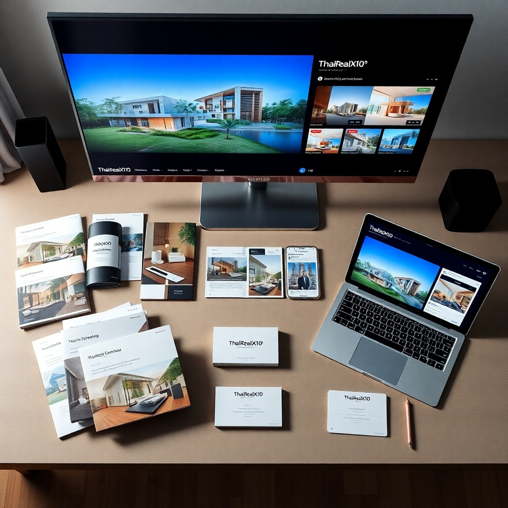 A photorealistic, ultra-high-resolution (8K) image showcasing a variety of high-quality marketing materials provided to ThaiRealX10 affiliates. The image features neatly arranged marketing brochures, sleek business cards, professional-looking social media posts displayed on a laptop, and eye-catching property listings shown on a large monitor. The image should be meticulously composed, showcasing the detail and quality of the marketing materials. The lighting is soft and even, creating a clean and modern look. The color palette is sophisticated and professional, primarily using muted tones with strategic accents of the ThaiRealX10 brand colors. The image should evoke feelings of professionalism, quality, and trust.  The overall style is minimalistic and modern, drawing inspiration from the clean aesthetic of luxury real estate branding.  The perspective is a slightly elevated overhead shot providing a clear view of the displayed materials. Detailed textures such as the fine print on brochures and the smooth finish of the business cards are clearly visible.
