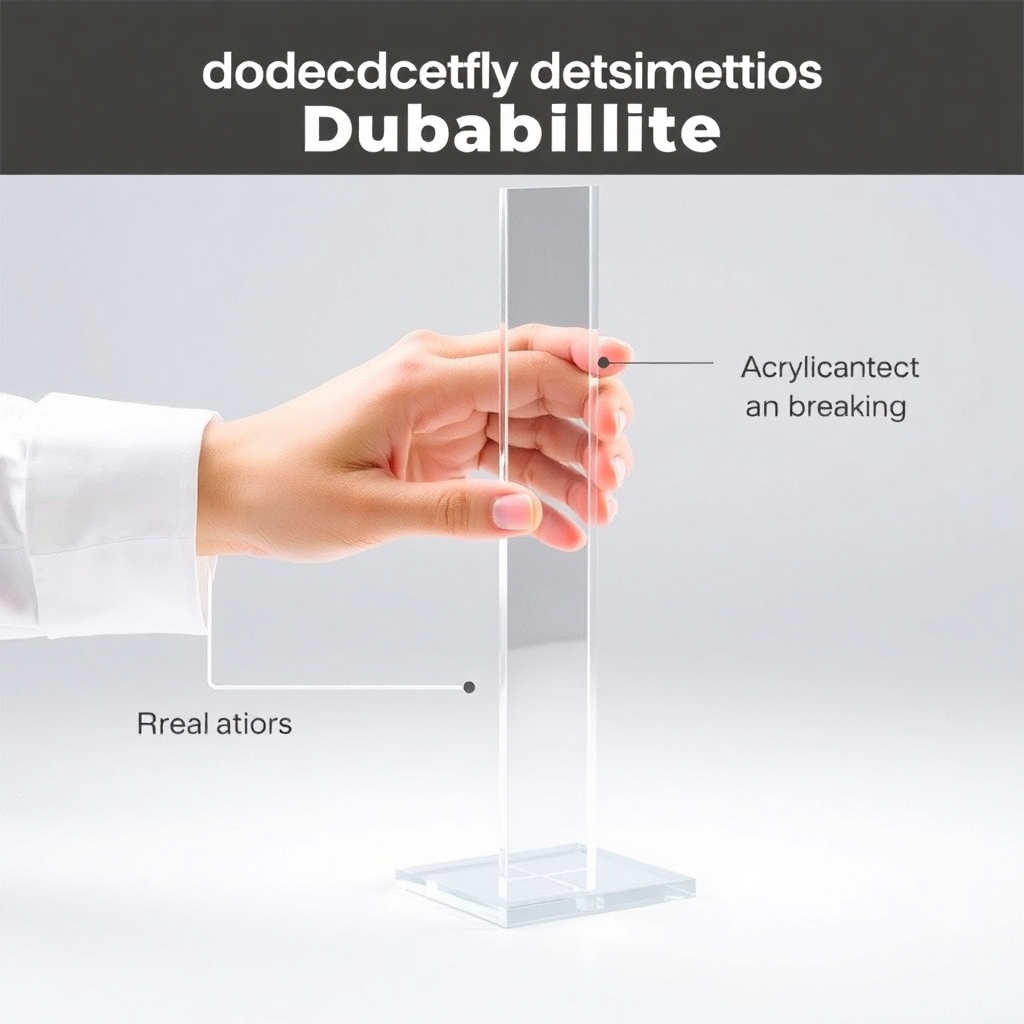 A product demonstration showing the durability of an acrylic standee. A hand gently applies pressure to the standee, showcasing its resistance to bending and breaking. The lighting is bright and even, highlighting the smooth and sturdy texture of the acrylic. The style is practical and informative, emphasizing the long-lasting quality of the acrylic material.