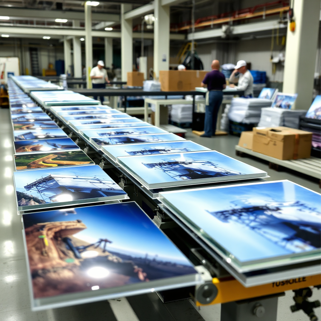 A production line showcasing various acrylic prints in different sizes and shapes being prepared for shipping. The scene reflects an efficient and customized process. Style: Industrial photography.