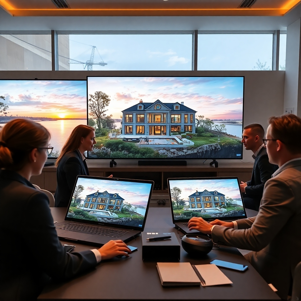 A professional marketing team collaborating on a luxury real estate campaign, using high-tech devices and large screens showcasing stunning visuals of a riverside mansion. The scene is bright, modern, and sophisticated, reflecting efficiency and expertise.