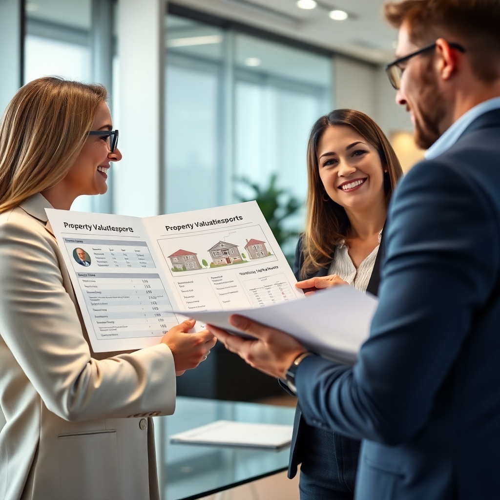 A real estate agent presenting a detailed property valuation report to a client. The scene is set in a clean, modern office.  High-resolution photorealistic image, emphasizing the professionalism and transparency of the valuation process.  Focus on the report and the positive interaction between the agent and client.