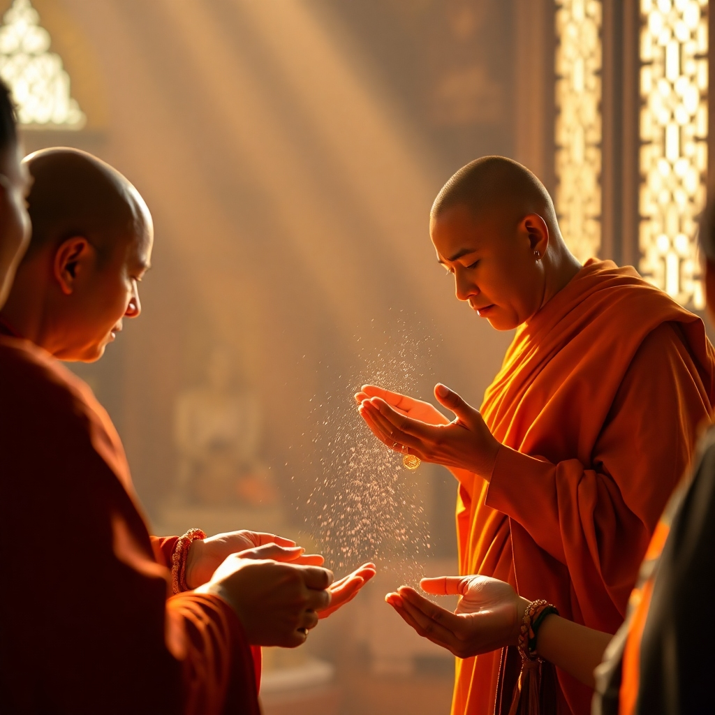 A serene image of a blessing ceremony being performed by a monk. The monk is chanting prayers while sprinkling holy water on amulets and bracelets held by customers. Soft, golden light fills the temple, creating a peaceful and spiritual atmosphere. Focus on capturing the reverence and solemnity of the ceremony. The style is traditional and respectful, emphasizing the authenticity of the blessing. 4K resolution.