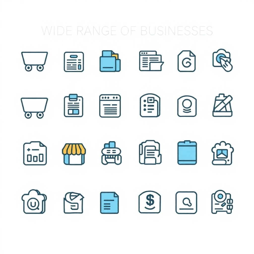 A series of icons representing different types of businesses (e-commerce, blog, corporate website, etc.). The icons are arranged in a grid pattern, emphasizing the wide range of businesses that the service supports. The background is a clean and modern design with a neutral color palette.