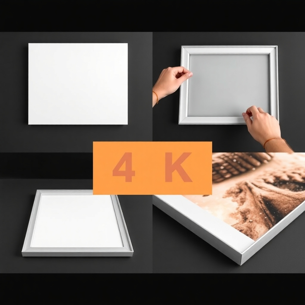 A series of images showing the process of creating and assembling a finished canvas print with an aluminum frame.  Focus on the details of each step.  4K resolution.