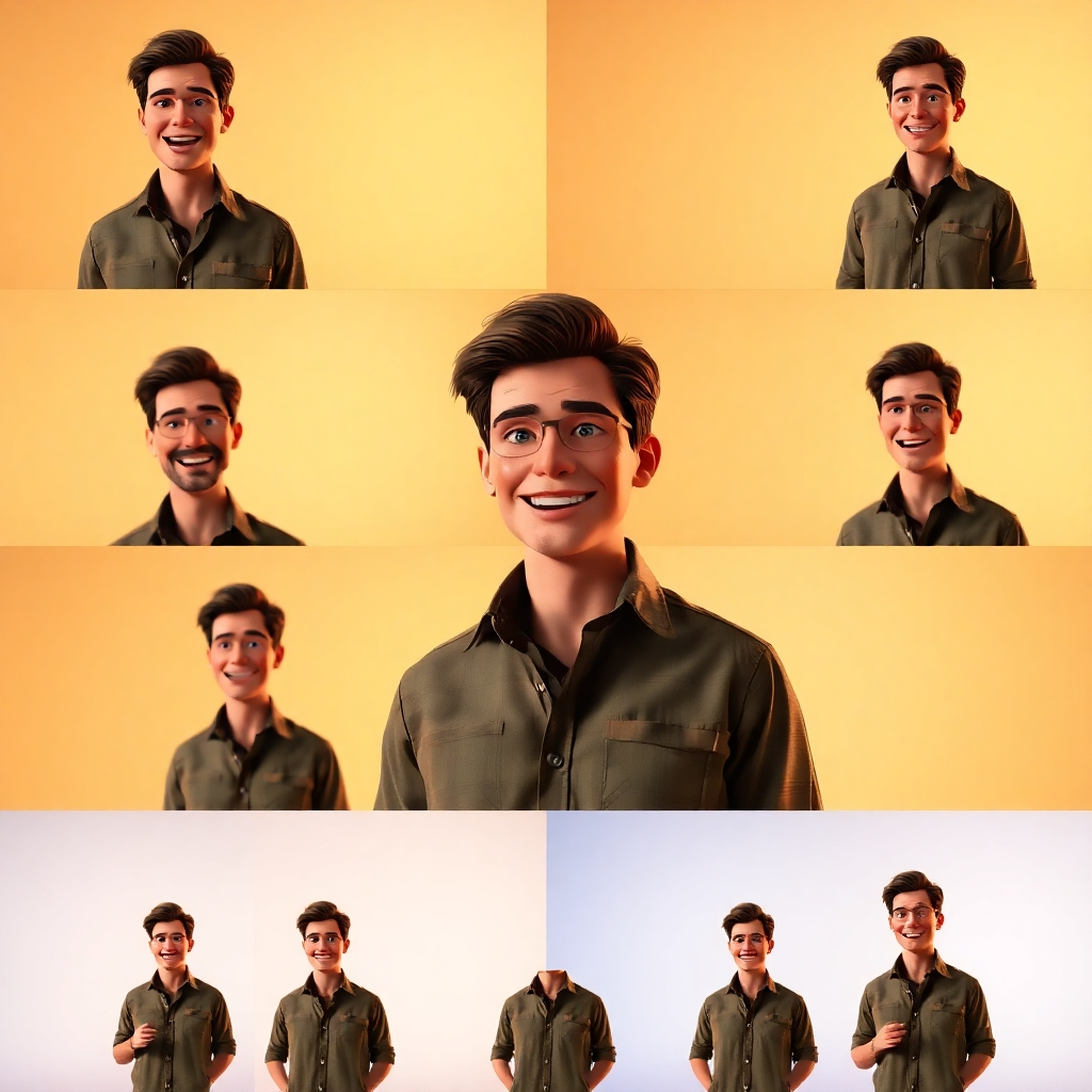 A series of stills for a short video showcasing a male avatar presenter with a charming, energetic personality.  He is wearing a casual yet stylish outfit, perhaps a smart casual shirt and chinos in earthy tones. The lighting is dynamic, using a combination of soft key lighting and subtle rim lighting to emphasize his expressions and body language.  The colour palette is warm and inviting, promoting a friendly and approachable vibe.  The background changes subtly throughout the video, using simple, clean backdrops to maintain focus on the presenter. Camera angles vary, including medium shots, close-ups, and slightly wider shots. His expressions are engaging and expressive, demonstrating enthusiasm and confidence.   The style should be dynamic and engaging, similar to high-quality corporate promotional videos. The video should feature hyperrealistic rendering, capturing fine details in the character's facial expressions and clothing.  Technical Specifications: 4K resolution, frame rate 60fps.