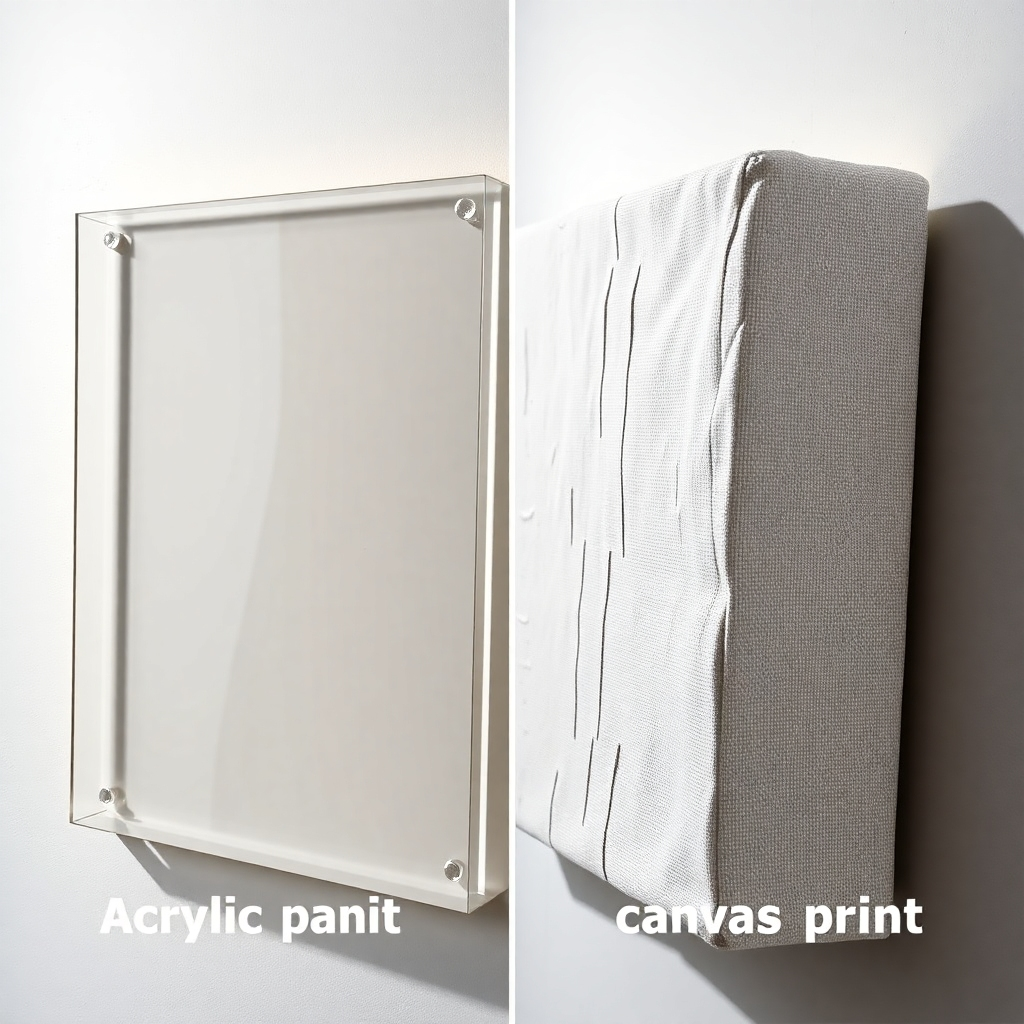 A side-by-side comparison of an acrylic print and a canvas print, both subjected to simulated wear and tear.  The acrylic panel should show minimal damage, while the canvas might display slight creasing or minor scuffs to showcase the relative durability of each material.