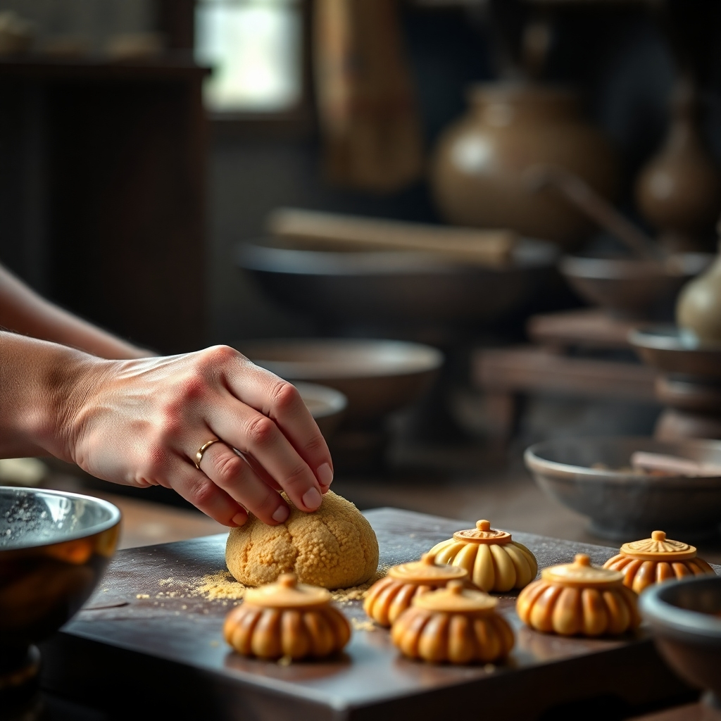 A skilled artisan's hands meticulously preparing traditional Thai desserts. The image should showcase the detailed process, perhaps focusing on kneading dough, shaping sweets, or decorating with intricate designs. The background should be a traditional Thai kitchen setting, emphasizing authenticity. High resolution and realistic lighting are important.