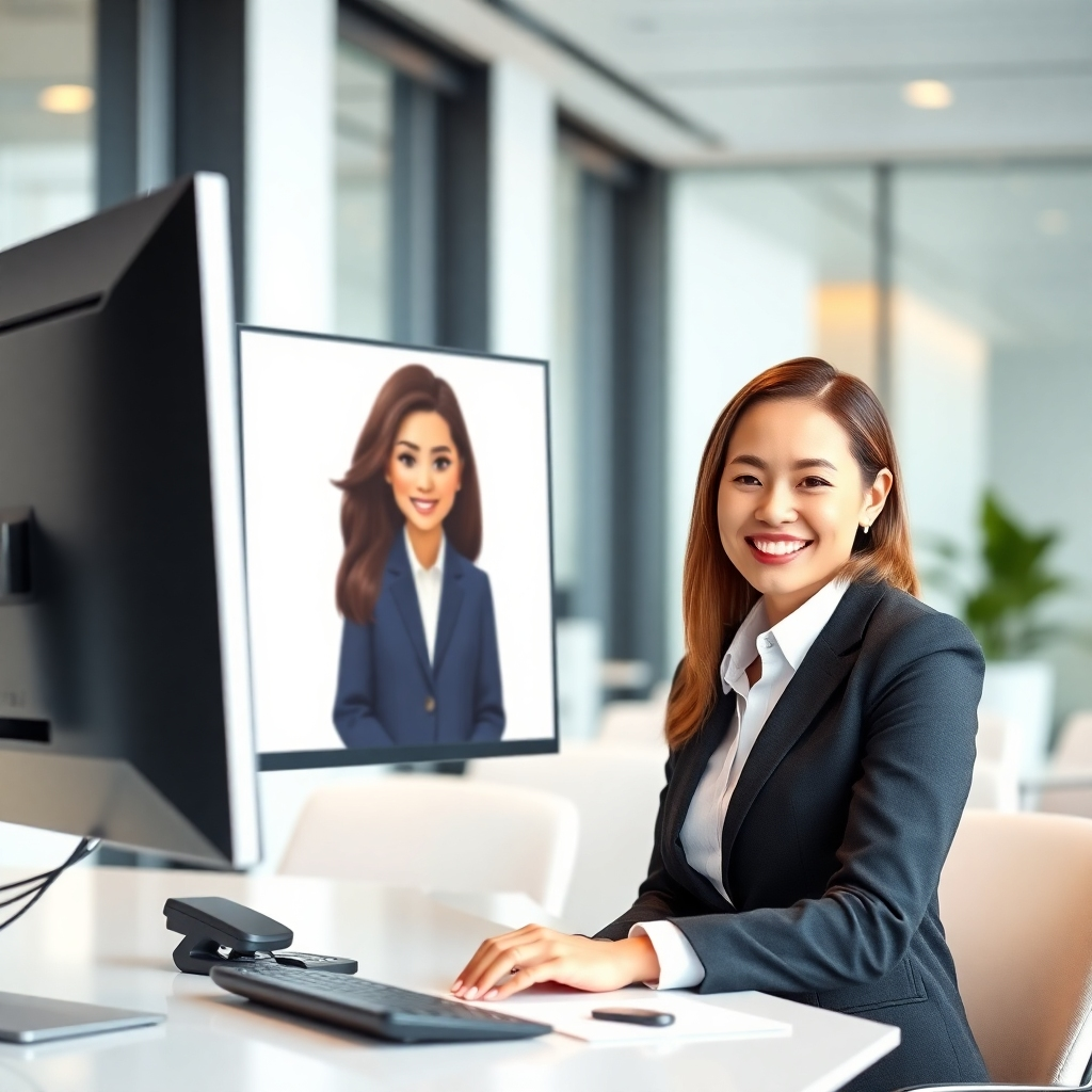 A sleek, modern office setting with a businesswoman smiling confidently at a computer screen showing a 3D model of a friendly, diverse avatar. The background should be blurred to emphasize the avatar and businesswoman. The overall style should be clean, professional, and modern, emphasizing efficiency and cost savings.