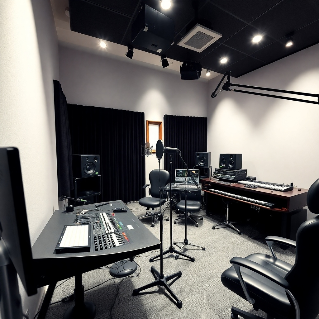 A sleek and professional recording studio setup, showcasing the advanced technology used to generate high-quality audio. The lighting is crisp and clean, 4k resolution.
