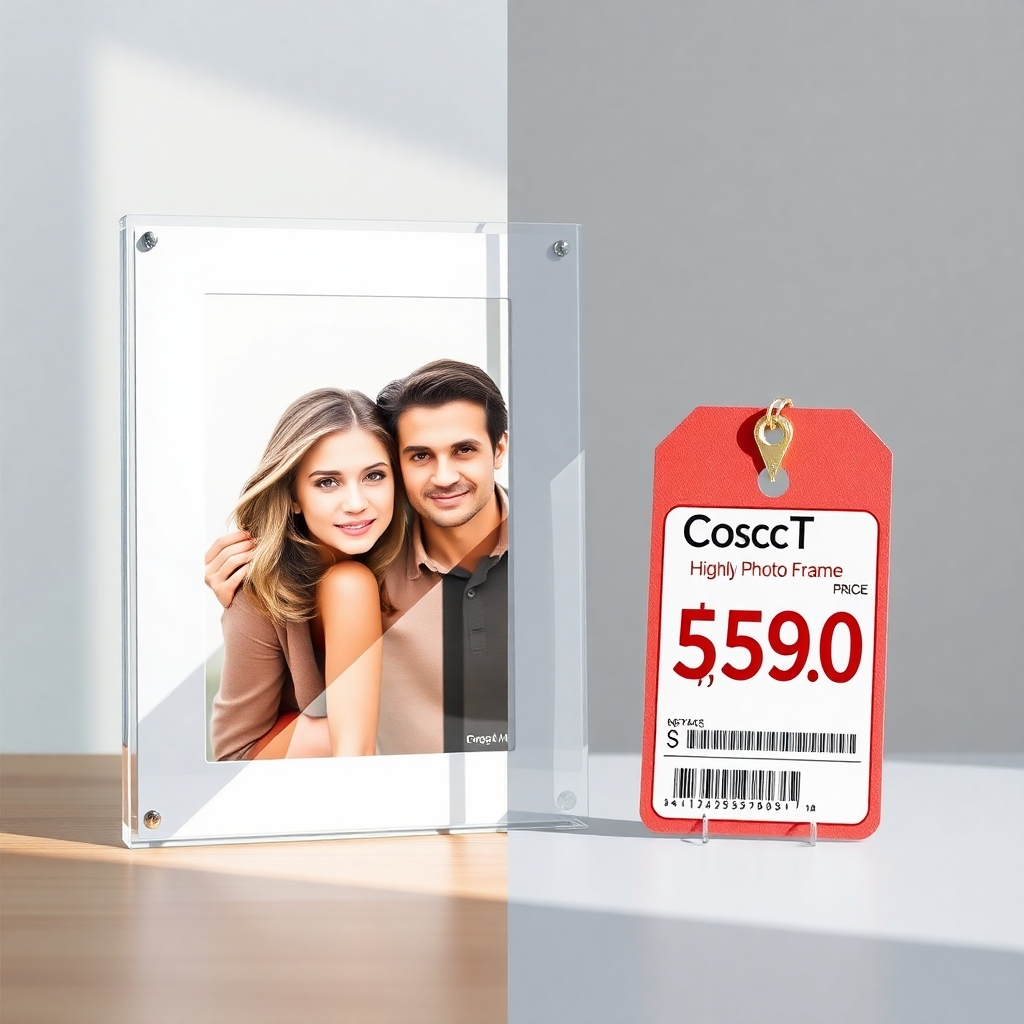 A split image showcasing the cost-effectiveness. One side shows a high-quality acrylic photo frame, and the other side displays a price tag with an attractive and competitive price. The background should be clean and modern.  The image should be photorealistic and sharp, conveying a message of value and affordability.