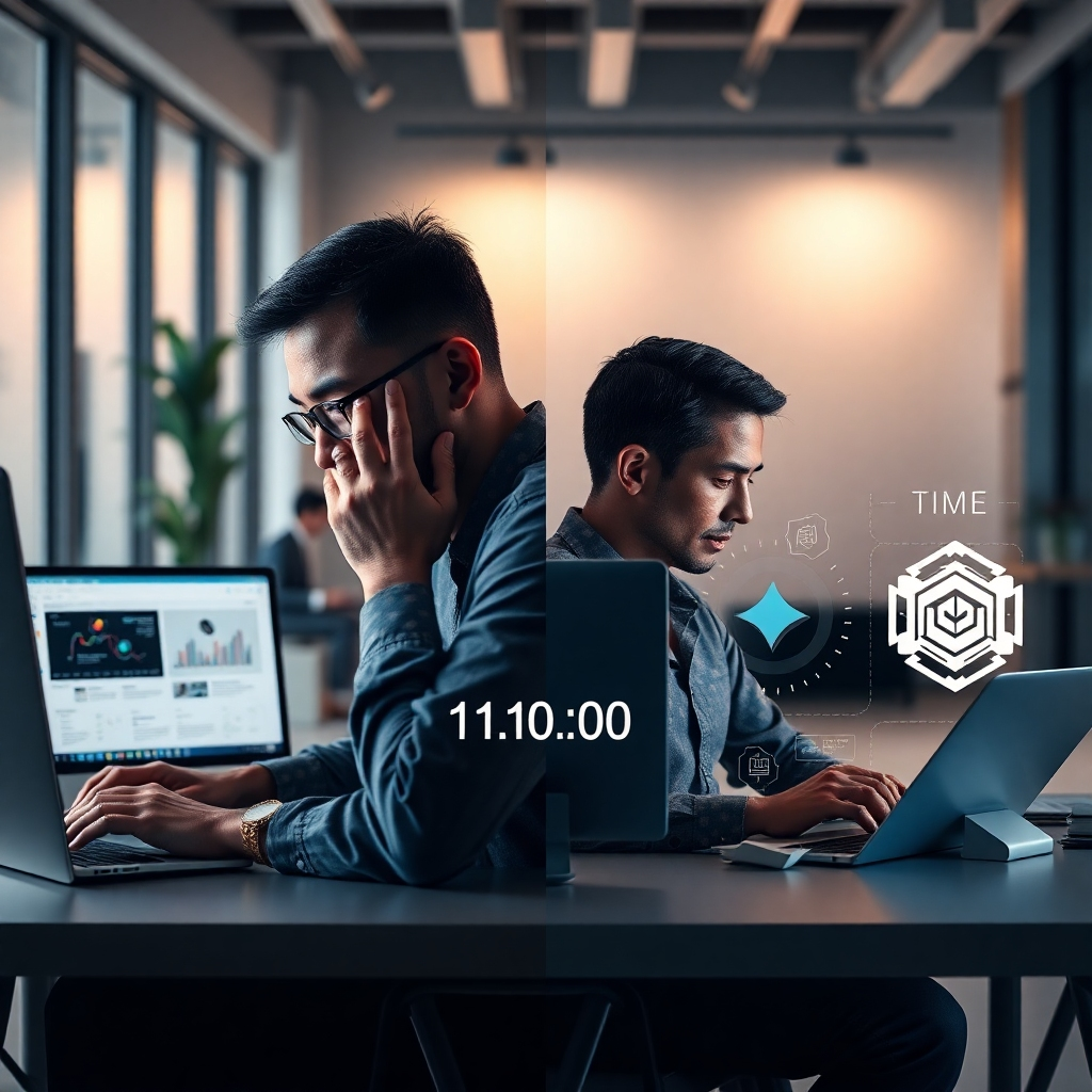 A split image showing a designer struggling with traditional design software on one side, and on the other, a designer effortlessly creating stunning logos and graphics using AI software, with a timer showing significantly less time spent on the AI side.  The background should be a modern, minimalist office setting.