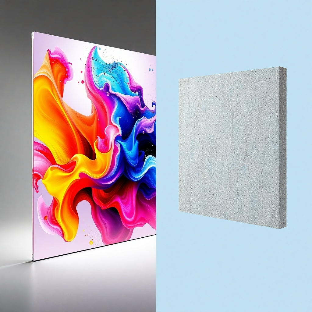 A split image showing a digital art print on a glossy acrylic panel on one side and the same print on a textured canvas on the other side. The lighting should be consistent, highlighting the difference in texture and finish between the two materials. Each material should allow the colors of the artwork to be vividly displayed.