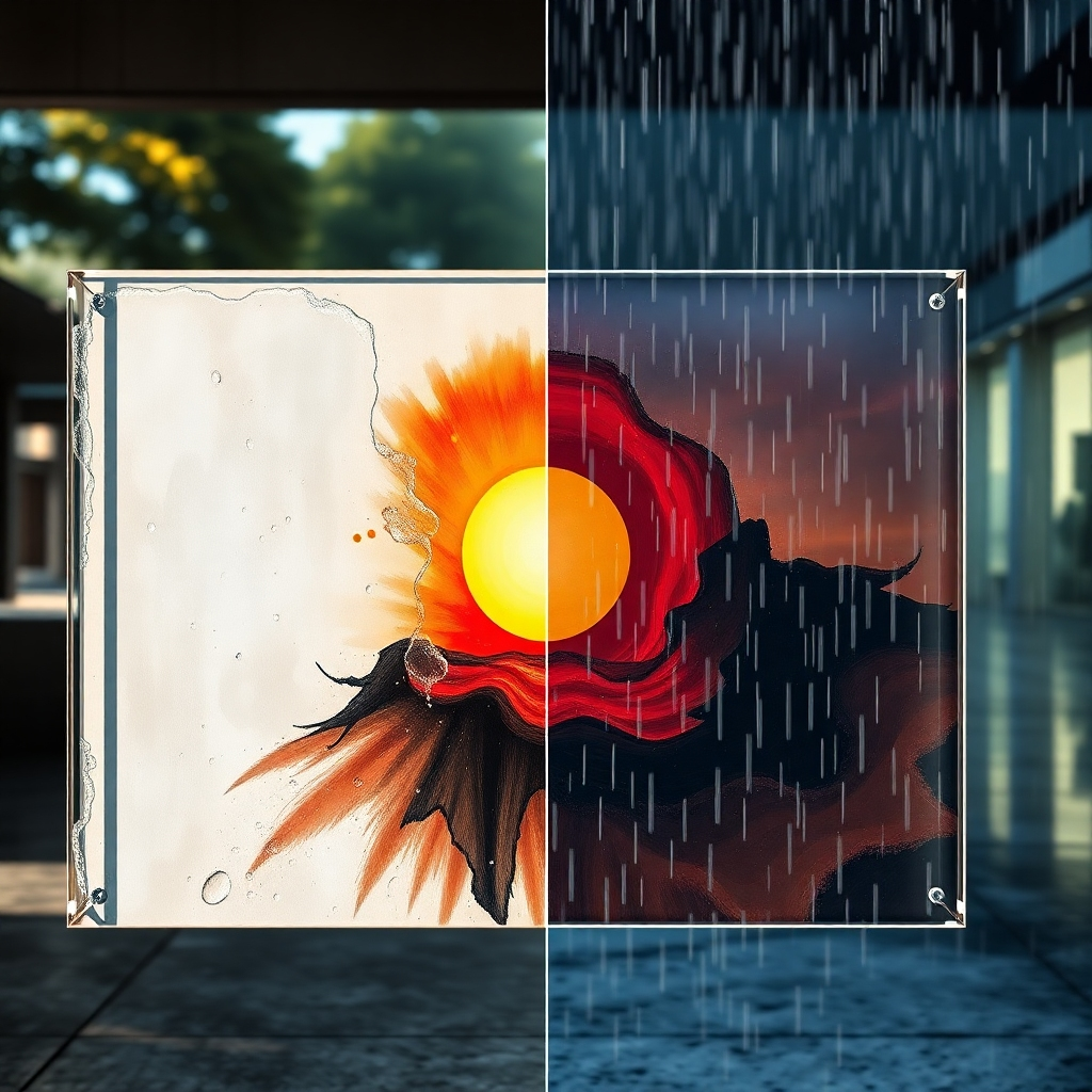 A split image showing a UV printed artwork on acrylic  on the left, exposed to harsh sunlight and rain, next to a pristine new one on the right. The left side should show minimal color fading or damage, demonstrating its durability. The background could be an outdoor setting with strong sunlight and rain.