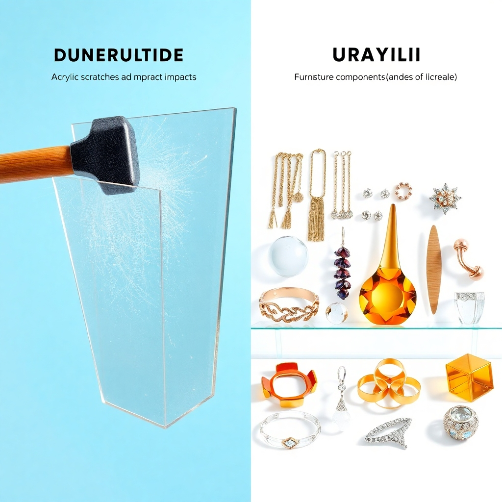 A split image showing the durability and versatility of acrylic. One side displays an acrylic sheet resisting scratches and impacts, perhaps with a hammer gently striking it without breaking. The other side showcases a variety of finished acrylic crafts like jewelry, furniture components, and home decor items.  Both sides should have a bright, clear background and excellent lighting to highlight the textures and clarity of acrylic.