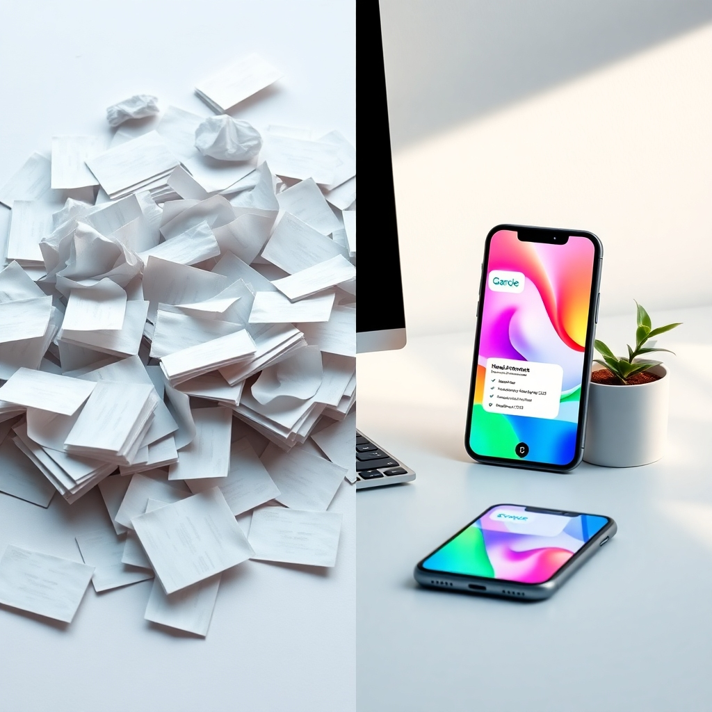 A split-screen image.  One side shows a pile of discarded paper business cards, slightly crumpled and messy. The other side shows a clean, modern desktop with a smartphone displaying a vibrant digital business card, next to a potted plant, signifying eco-friendliness. The overall mood should contrast the wastefulness of traditional cards with the clean, efficient nature of digital alternatives.