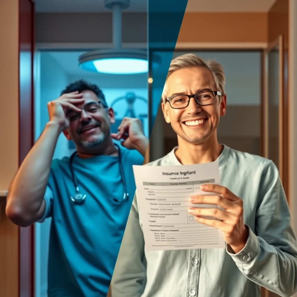 A split-screen image. One side shows a person experiencing a medical emergency (e.g., a fall, requiring medical attention), representing risk. The other side shows a happy, healthy individual with a financial document displaying a reasonable insurance premium, symbolizing responsible coverage.  Photorealistic, vibrant colors, high resolution.