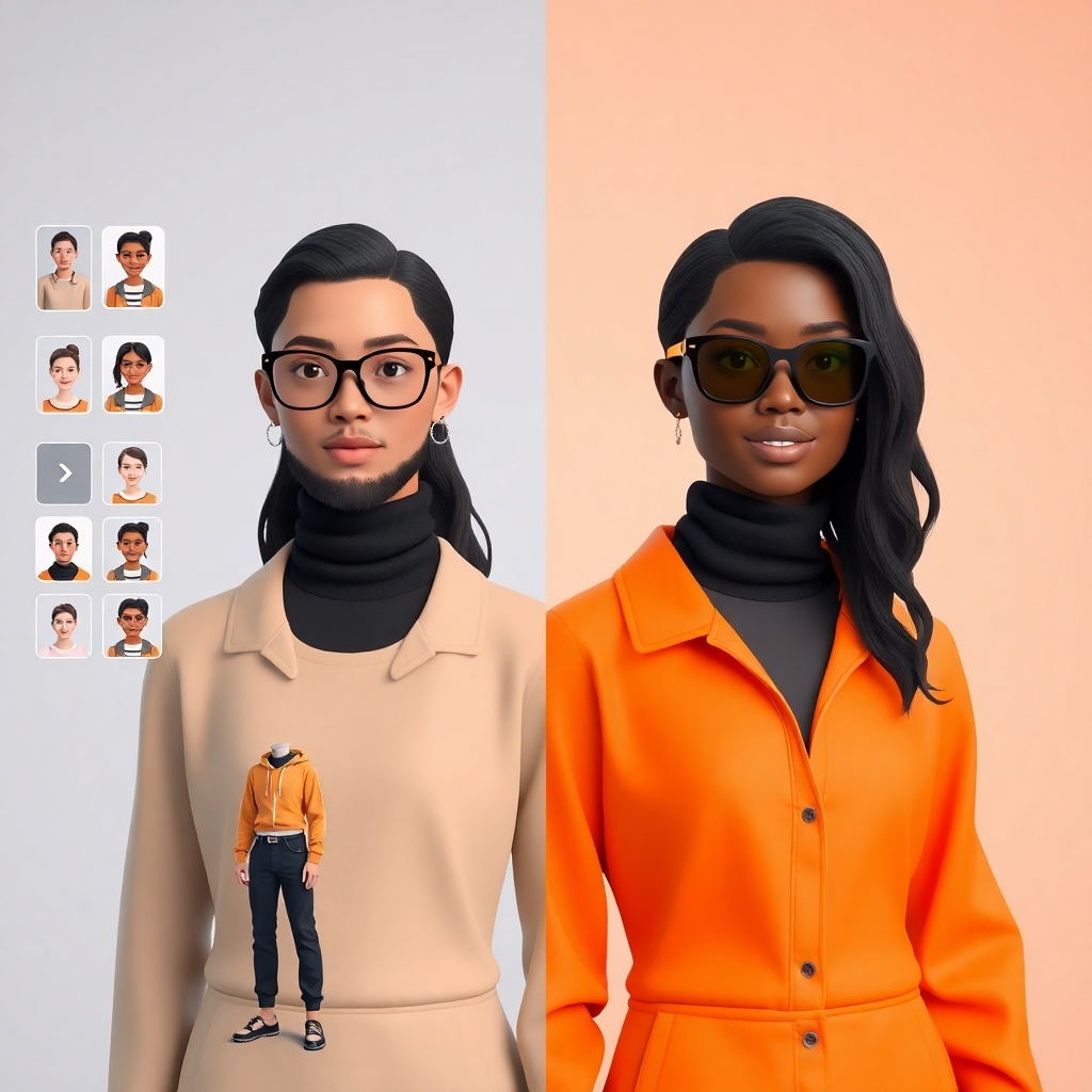 A split screen showing a customizable avatar interface on one side, and various examples of the same avatar in different settings and outfits on the other side.  The interface should look intuitive and user-friendly, while the avatar examples showcase versatility and customization. Use bright, vibrant colors and a clean, modern aesthetic.