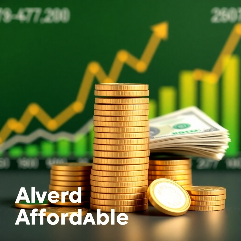 A stack of coins and bills arranged in a visually appealing way. The background features a graph showing website traffic and revenue growth. The color palette is green and gold, conveying financial success and value for money. The image should emphasize the affordability of the services.