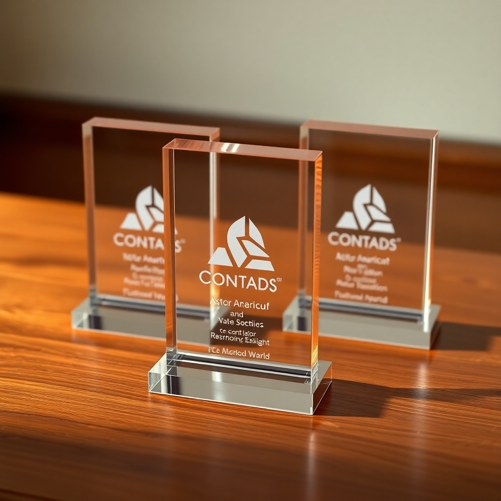 A studio shot of a set of elegant acrylic awards with a company logo laser-engraved on them, sitting on a polished wooden table.  The image should highlight the sophistication and quality of the acrylic, showcasing the sharp, clear engraving of the logo. The background is a subtle, sophisticated neutral color.