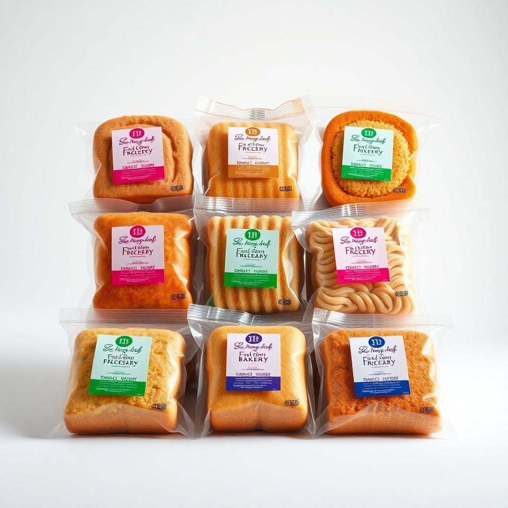A studio shot of a variety of frozen bakery products, neatly organized in individual packaging. The packaging should be clear and showcase the product inside. The background should be clean and simple. The image should look professional and appealing to customers.