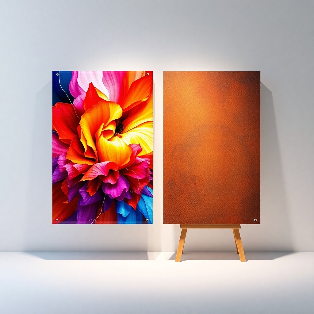 A studio shot showcasing a digital art print on both acrylic and canvas side-by-side.  One side is a glossy, vibrant print on clear acrylic, showcasing its transparency and brilliance. The other side displays a rich, textured print on high-quality canvas, highlighting its depth and artistic feel.  The background should be neutral and minimalist, emphasizing the materials and print quality.