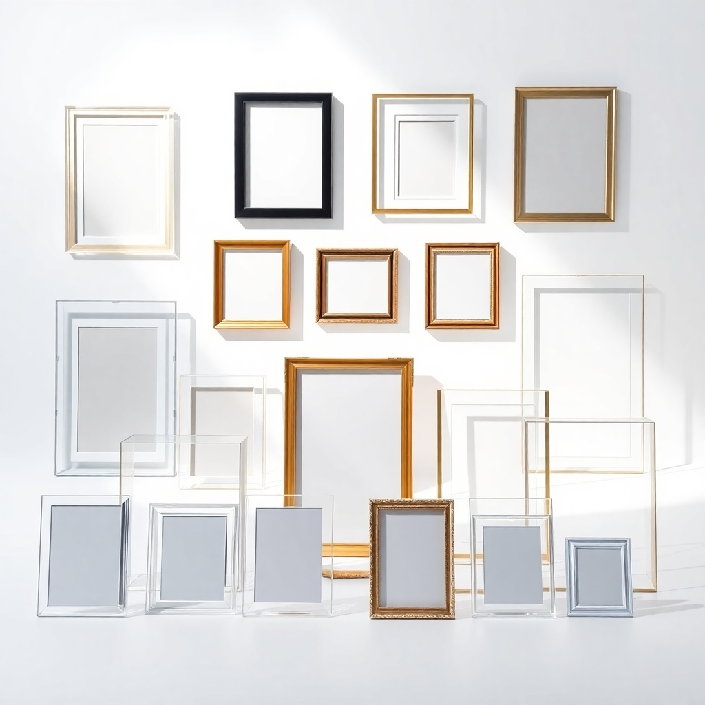 A studio shot showcasing a variety of acrylic photo frames in different sizes and shapes.  Include frames in both portrait and landscape orientations, with some standing upright and others hanging on a wall. The background should be clean and white to highlight the diversity of the frames.