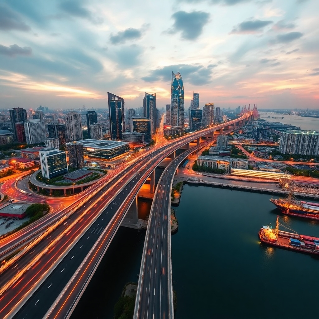 A stunning aerial shot showcasing Pattaya's cityscape, highlighting its modern infrastructure, including roads, bridges, and high-rise buildings.  The image should emphasize the city's connectivity and ease of access.  Include elements like a modern highway, a well-lit city at night, and a port facility to showcase accessibility. The style should be photorealistic with a vibrant and modern feel.