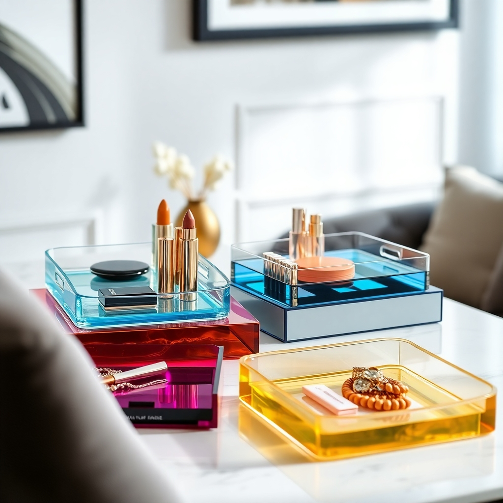 A stylishly arranged scene showing several acrylic trays of various colors and designs integrated into a modern home decor.  The trays could be used to hold cosmetics, jewelry, or other decorative items, showcasing how they enhance the overall aesthetic. The lighting should be soft and natural.