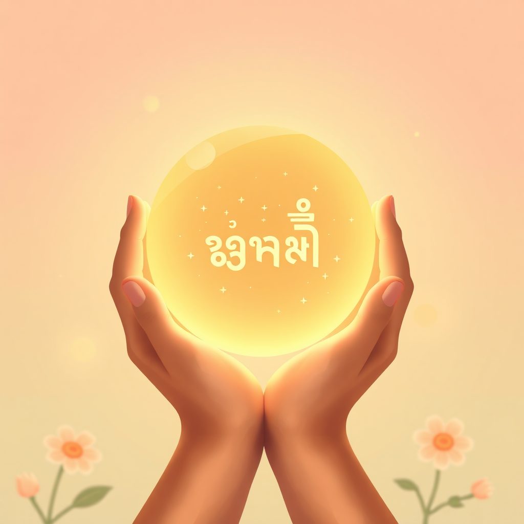 A stylized 4K image representing the core mission of "อักขระมันตรา". The image should show a pair of hands gently holding a glowing orb of light, within which miniature Thai script characters float and dance. The background is a soft, pastel-colored gradient, suggesting healing and serenity. The hands should appear strong and capable, yet compassionate. Style reference: combine the illustrative style of Alphonse Mucha with elements of traditional Thai art. Focus on intricate details and a warm, inviting color palette. The lighting should be soft and diffused. Camera angle: medium close-up, focusing on the hands and the orb. Props: subtle Thai flower motifs in the background. Texture: Smooth, almost porcelain-like rendering of the hands.