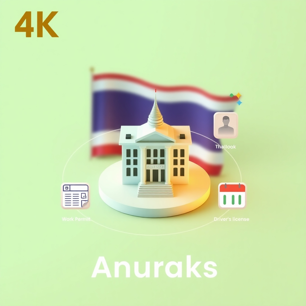 A stylized 4K image showcasing the services of Anuraks. The central element is a digital representation of a Thai Government building with icons orbiting it representing a work permit, a driver's license, and a calendar for 90-day reporting. A subtle Thai flag is in the background. The lighting is soft and inviting, using a color palette of greens, golds, and blues to evoke a sense of trust and reliability. The camera angle is a slightly high angle, giving a sense of overview and control. Style reference: Modern infographic meets minimalist design.