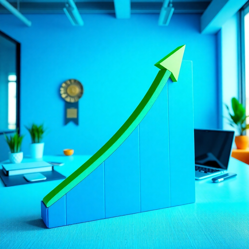 A stylized, 4K resolution image representing the essence of CreateZite.  The subject matter is a stylized representation of a rapidly ascending graph, symbolizing sales growth, positioned against a backdrop of a modern and professional workspace.  The composition uses vibrant and bold colors, primarily blues and greens, to represent growth and professionalism.  The lighting is bright and clean, creating a sense of optimism and success. The camera angle is slightly high, creating a perspective that emphasizes the upward trajectory of the graph. Texture details should include a smooth texture on the graph itself and a more tactile texture for the background representing the workspace.  The environment should be clean and modern, representing a successful and efficient business setting. Relevant props may include subtle elements that signify success, such as awards or certificates, and relevant technology such as a laptop subtly placed in the background. Style references could include mid-century modern design aesthetics, emphasizing simplicity and functionality.  The overall visual message should convey confidence, success, and the potential for significant growth.