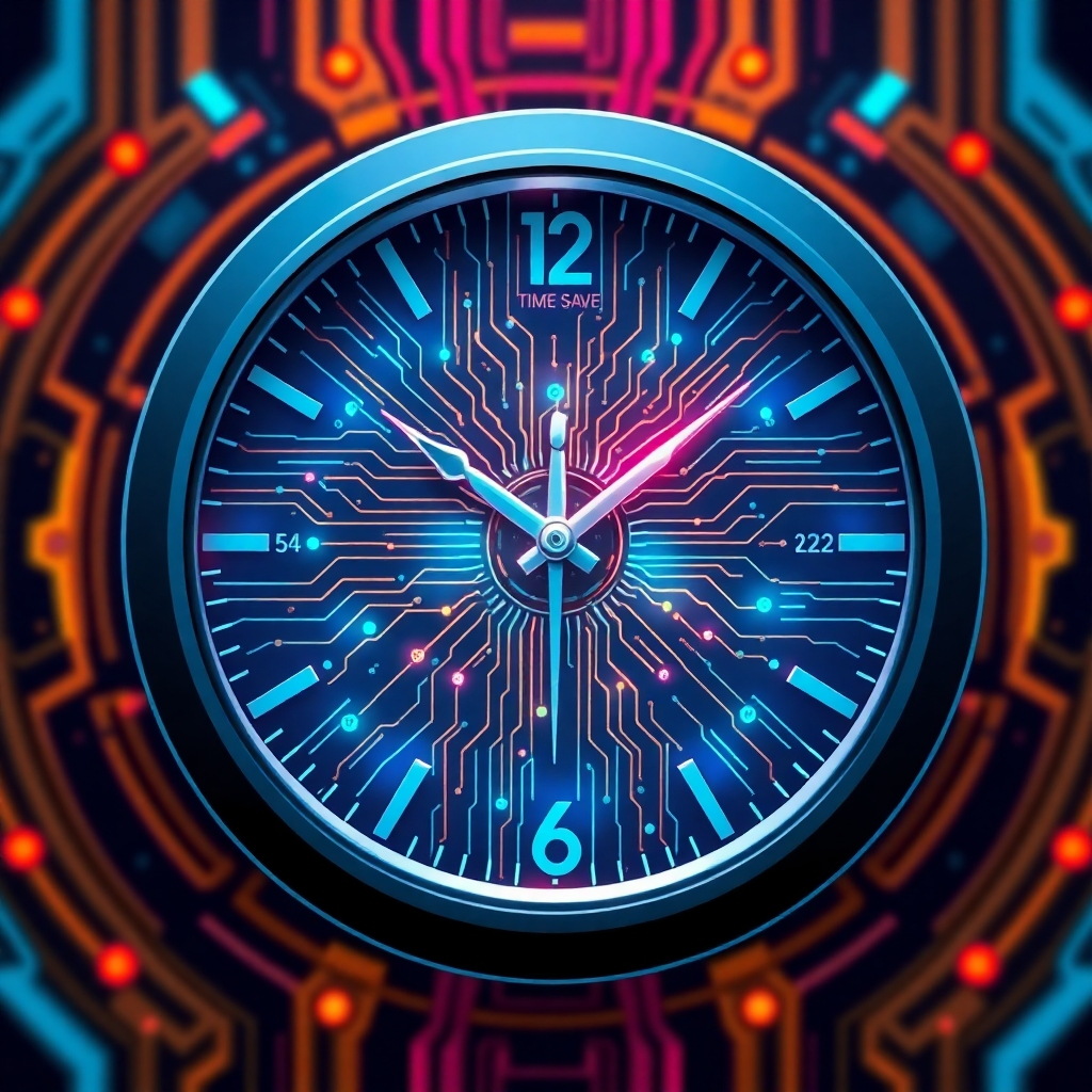 A stylized clock with AI circuits and waveforms replacing the traditional clock face. The hands are moving rapidly. The background represents the time saved. Use a vibrant and futuristic art style, 4k resolution.