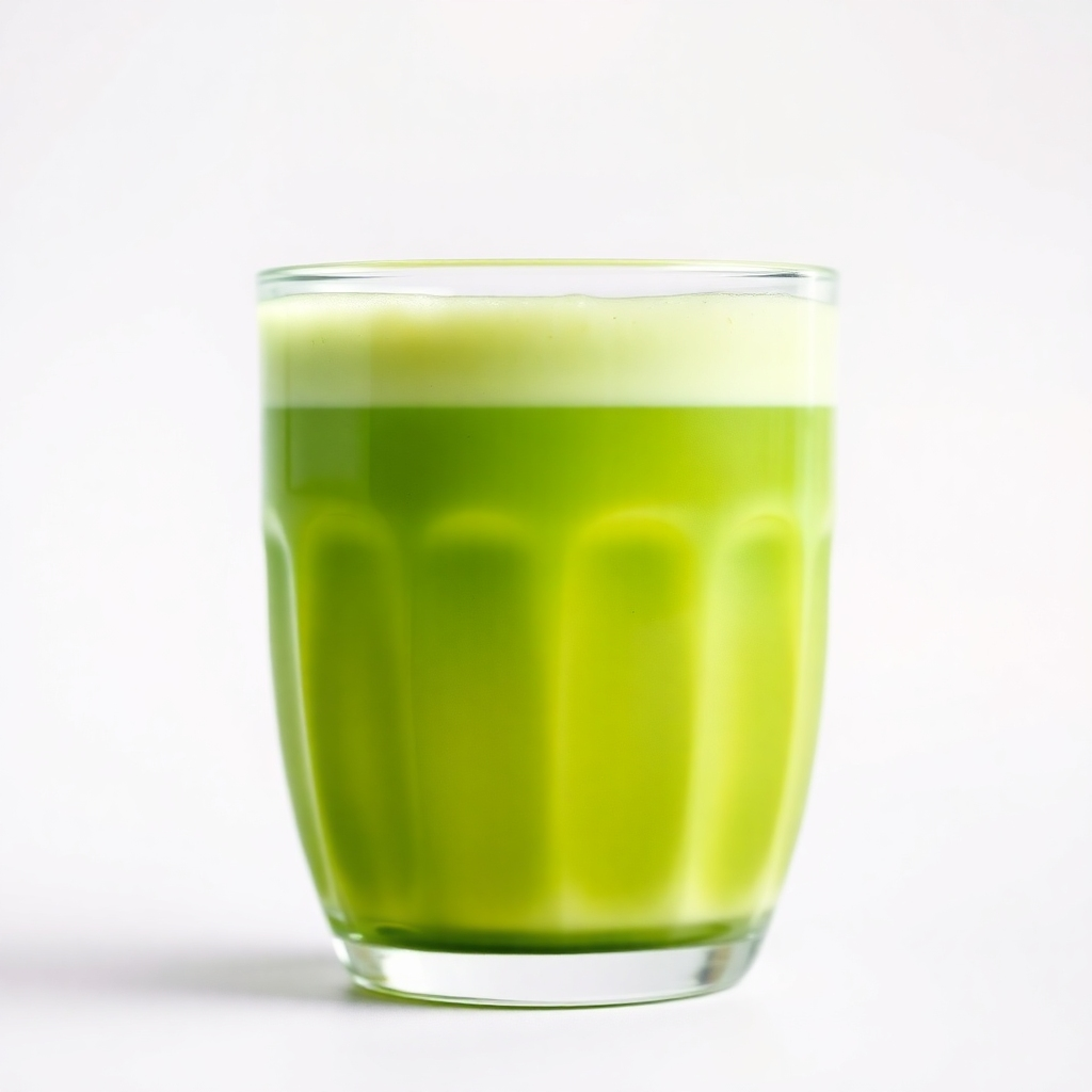 A stylized close-up image of a glass of Matcha green tea latte, showing a vibrant green color and creamy texture.  The background should be a simple, clean backdrop to emphasize the drink.  High-quality 4K resolution.