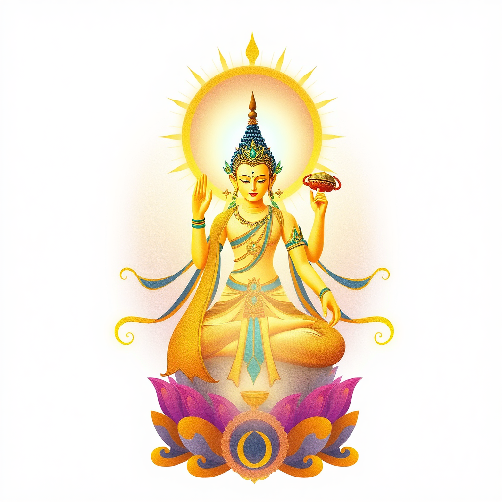 A stylized, ethereal depiction of a Thai deity radiating light and benevolence. The deity is surrounded by auspicious symbols and a soft, glowing aura. Color palette: golds, blues, and purples. Style reference: traditional Thai art with a modern, abstract twist.