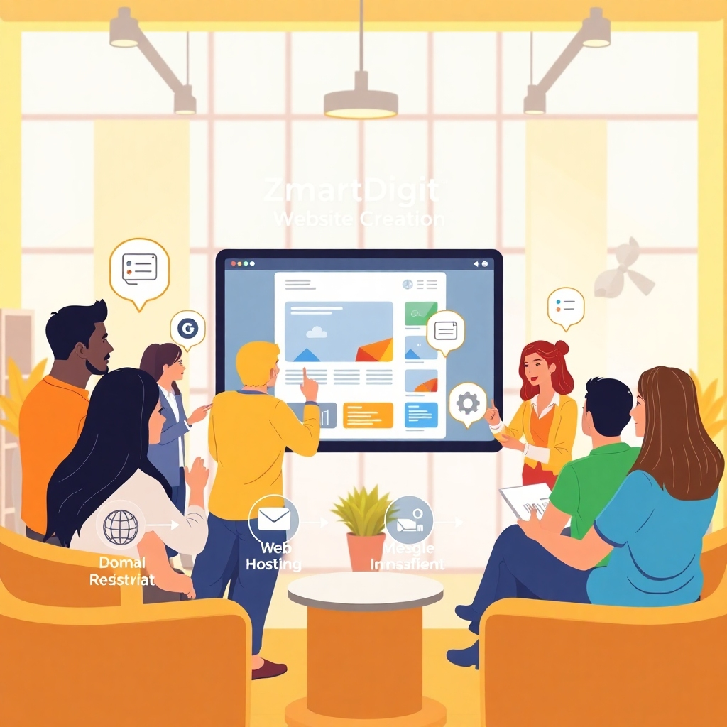 A stylized, high-quality 4K image representing ZmartDigit's mission to simplify website creation. The central figure is a diverse group of people collaborating around a large, interactive touchscreen displaying a website being built. The environment is a modern, open-plan office space filled with natural light. The color palette consists of bright, inviting colors like yellow, orange, and light blue, creating a sense of optimism and collaboration. The camera angle is a medium shot, capturing the interaction between the people and the technology. Textural details emphasize the smooth surfaces of the touchscreen and the comfortable atmosphere of the office. Props include stylized icons representing domain registration, web hosting, and easy management tools. The style is a blend of photorealism and illustration, creating a welcoming and approachable visual. References include visuals from companies like Google and Atlassian.