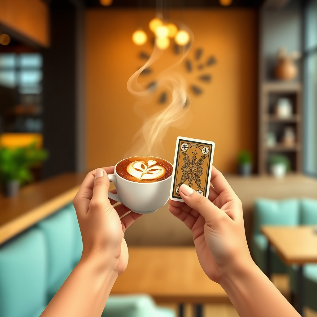A stylized, high-quality image illustrating the collaboration between 'กล้าท้าดวง' and 'อักขระคาเฟ่'. Two hands are reaching towards each other, one holding a steaming cup of coffee with latte art depicting a fortune telling symbol (e.g., a star, a sun), and the other holding a single tarot card. The background is a blurred representation of a modern, cozy cafe environment. The color palette is warm and inviting, using browns, creams, and golds, accented with pops of color from the coffee art and tarot card. Lighting should be soft and diffused, creating a welcoming atmosphere. Composition: The hands should be centrally located, with the cafe background providing context. Style: A blend of modern minimalism and mystical symbolism. The image should convey a sense of connection and discovery. Technical specs: 4K resolution, high-quality rendering, shallow depth of field.